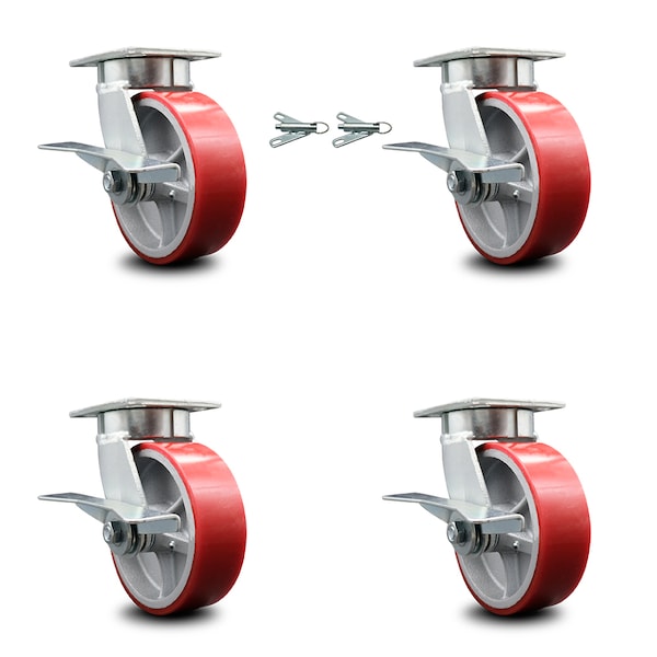 Service Caster 6 Inch Kingpinless Red Poly on Steel Wheel Caster Brakes 2 Swivel Locks, 4PK SCC-KP30S620-PUR-RS-SLB-BSL-2-SLB-2 - main
